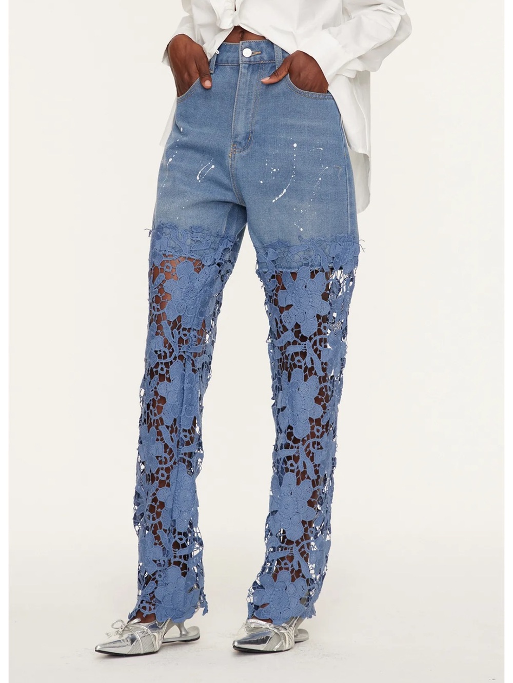Women's Blue Straight-Leg Veda Jeans with Lace Panels - Picture 2 of 9